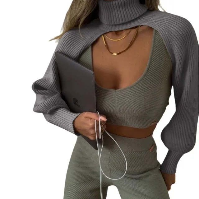 Female Sweater Solid High Collar Long Puff Sleeve Knitwear