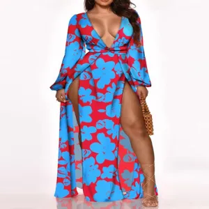 Floral High Slit Deep-V Lantern Sleeve Maxi Dress