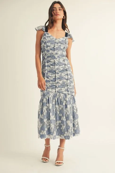 FLORAL LACE RUCHED MIDI DRESS