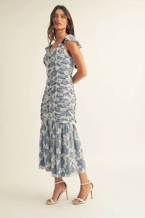 FLORAL LACE RUCHED MIDI DRESS