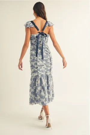 FLORAL LACE RUCHED MIDI DRESS