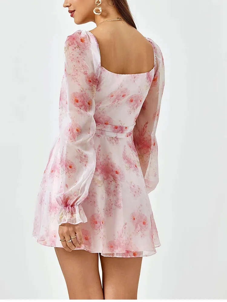 Floral Lantern Sleeves Mesh Ruched Dress