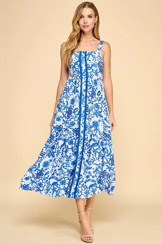 Floral Print Center Pleating Detail Midi Dress