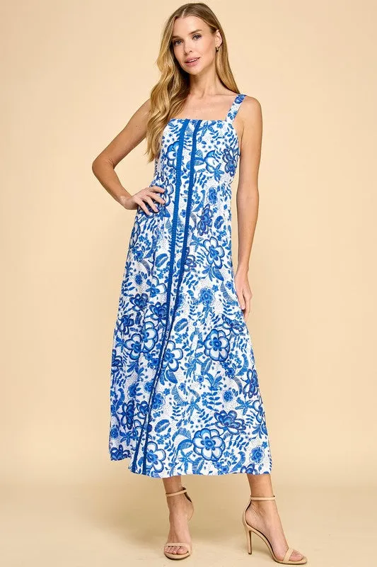 Floral Print Center Pleating Detail Midi Dress