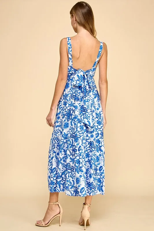 Floral Print Center Pleating Detail Midi Dress