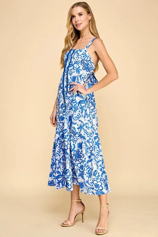 Floral Print Center Pleating Detail Midi Dress