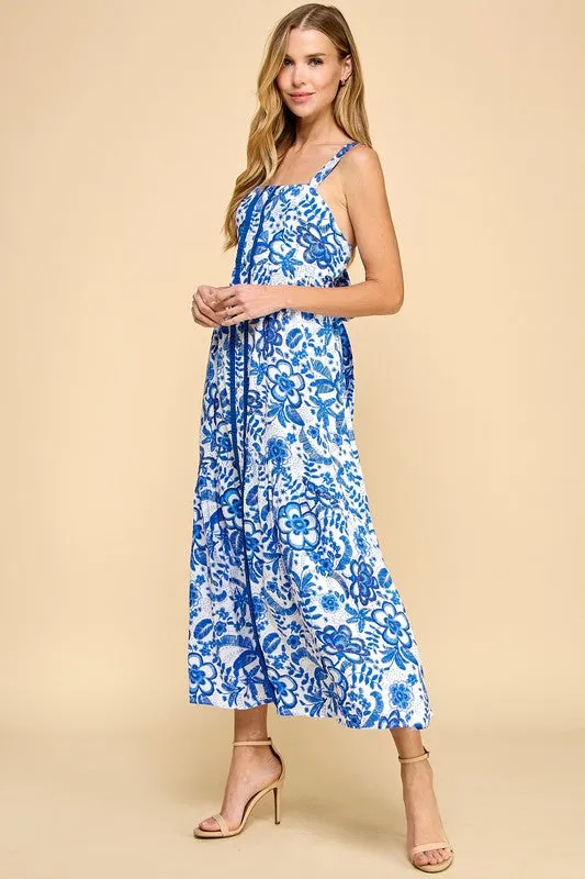 Floral Print Center Pleating Detail Midi Dress