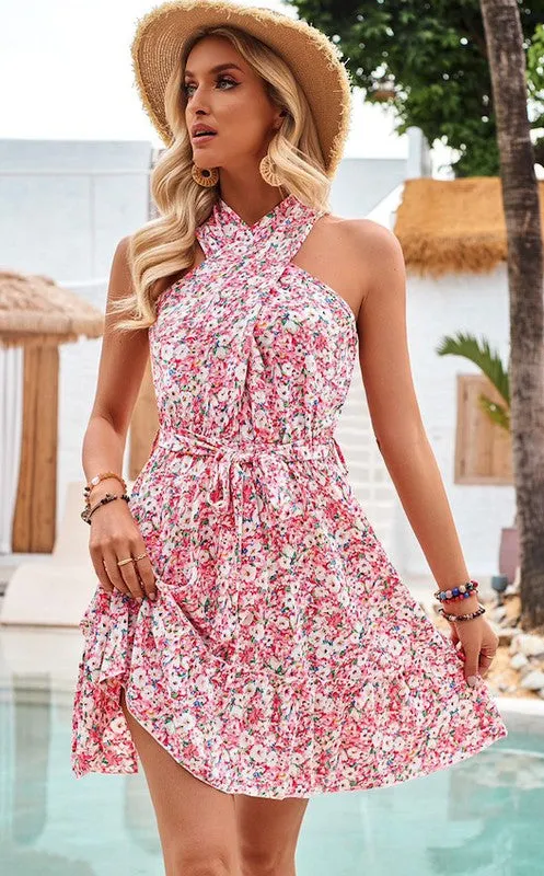Floral print criss cross front dress