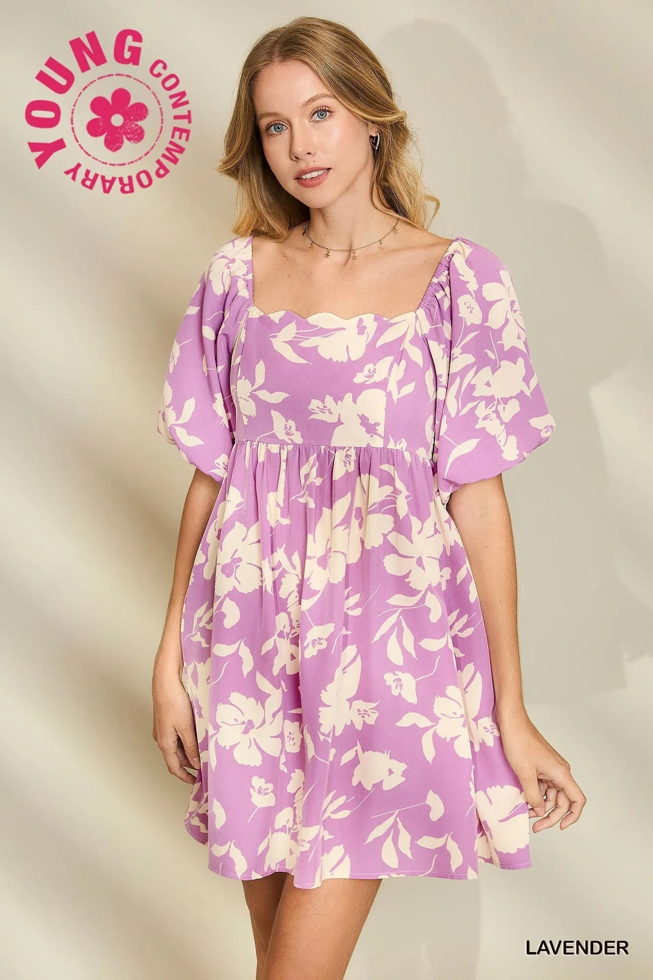 Floral Print Dress with Scalloped Edges