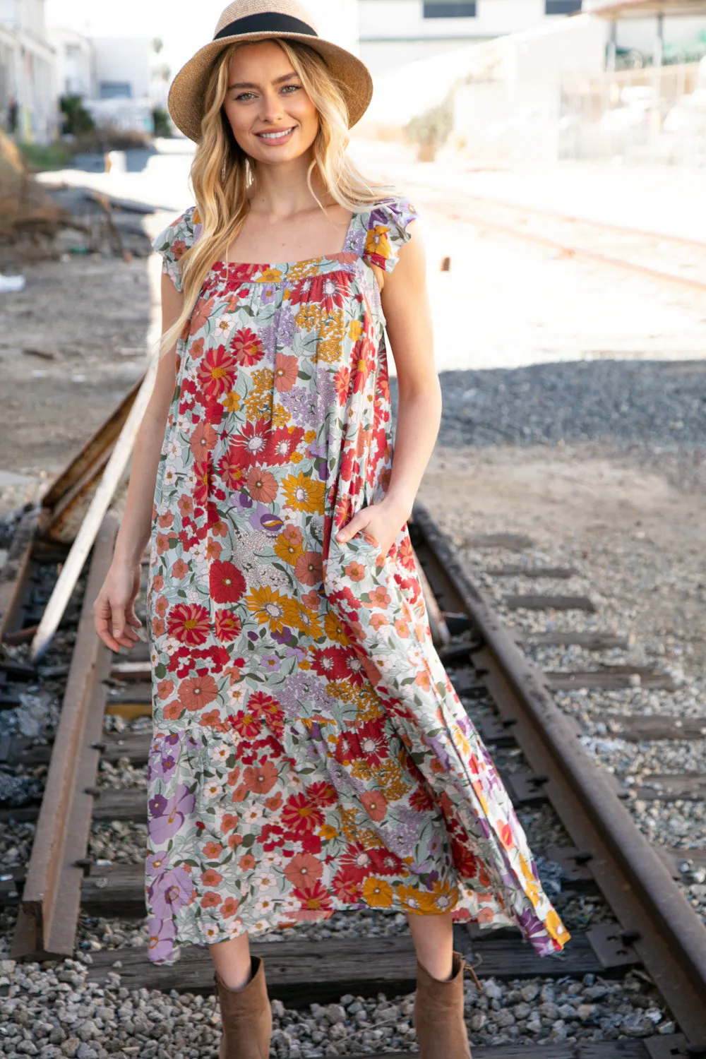 Floral Print Ruffle Cap Sleeve Square Neck Maxi Dress