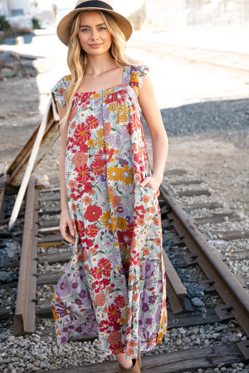 Floral Print Ruffle Cap Sleeve Square Neck Maxi Dress