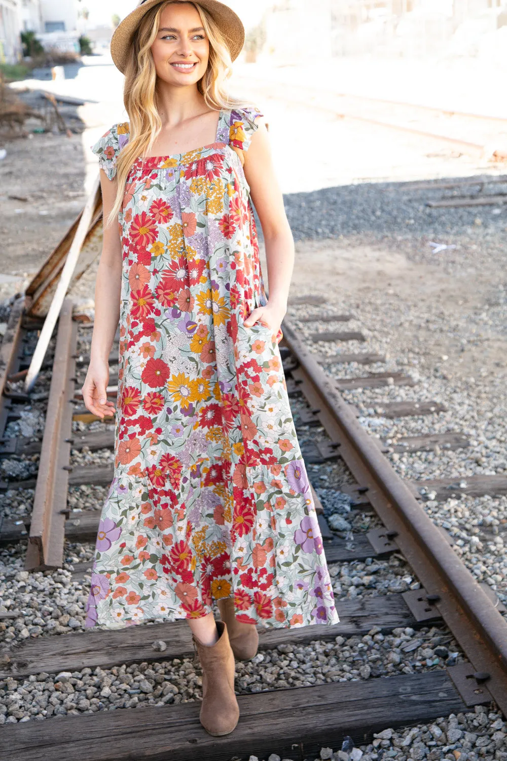Floral Print Ruffle Cap Sleeve Square Neck Maxi Dress