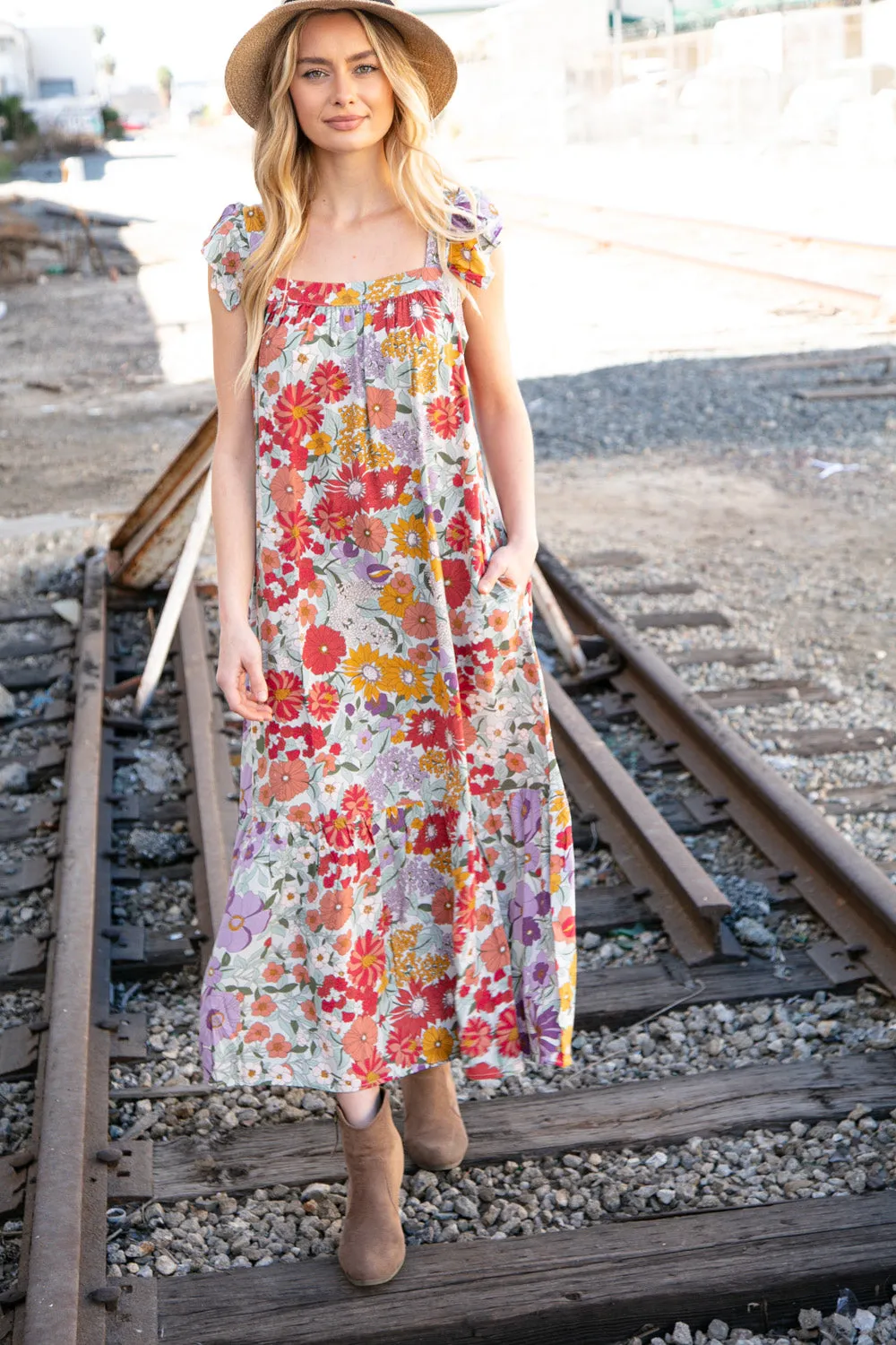 Floral Print Ruffle Cap Sleeve Square Neck Maxi Dress