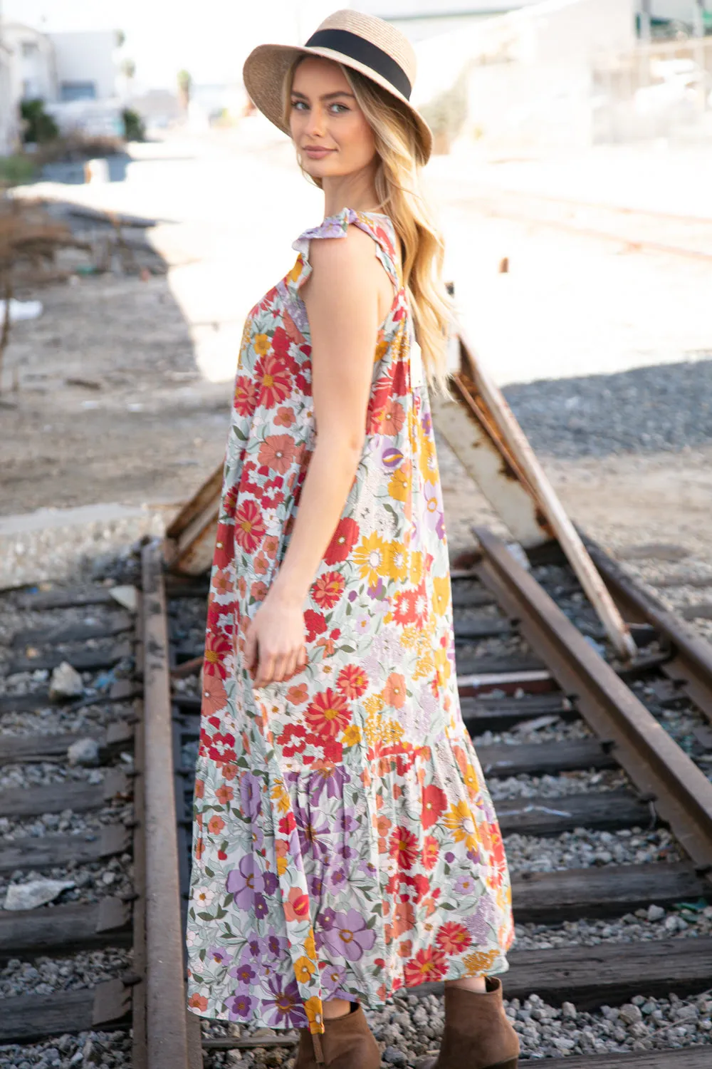 Floral Print Ruffle Cap Sleeve Square Neck Maxi Dress