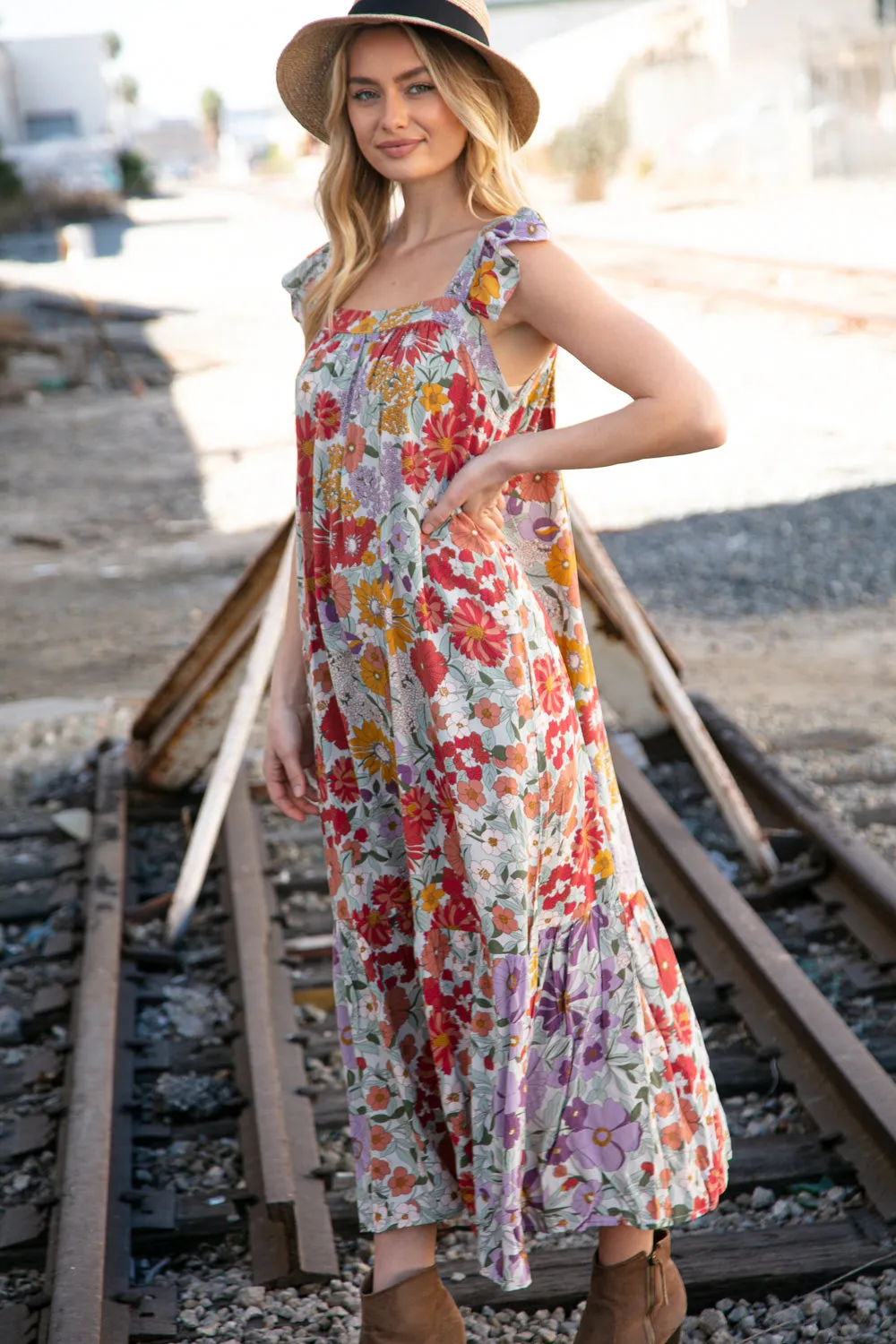 Floral Print Ruffle Cap Sleeve Square Neck Maxi Dress