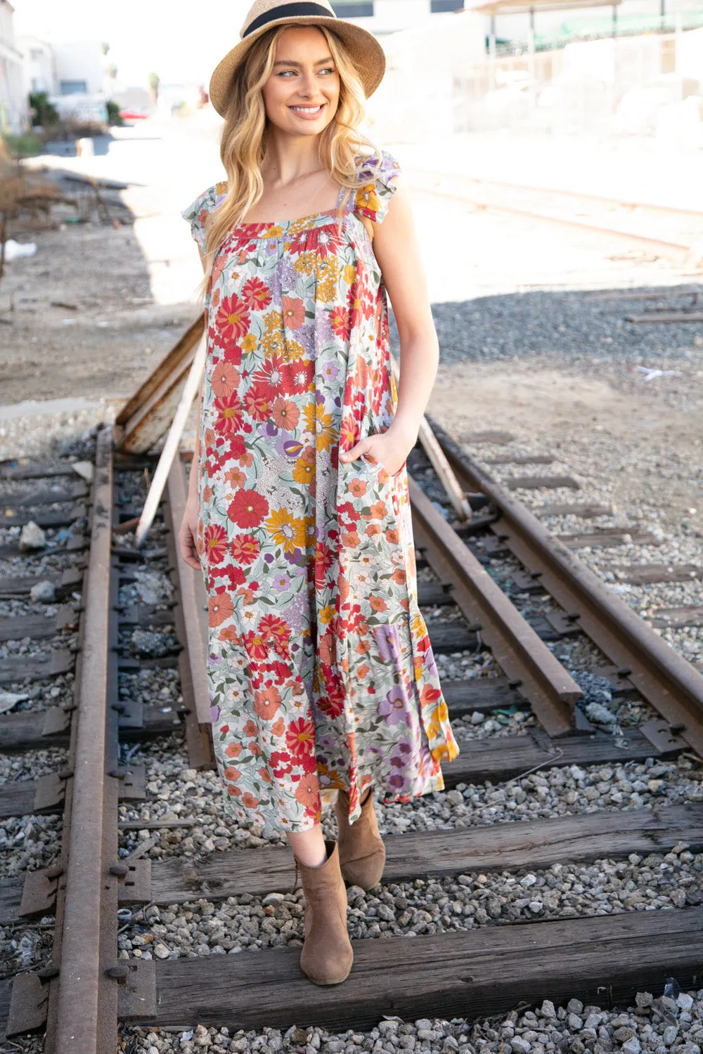 Floral Print Ruffle Cap Sleeve Square Neck Maxi Dress