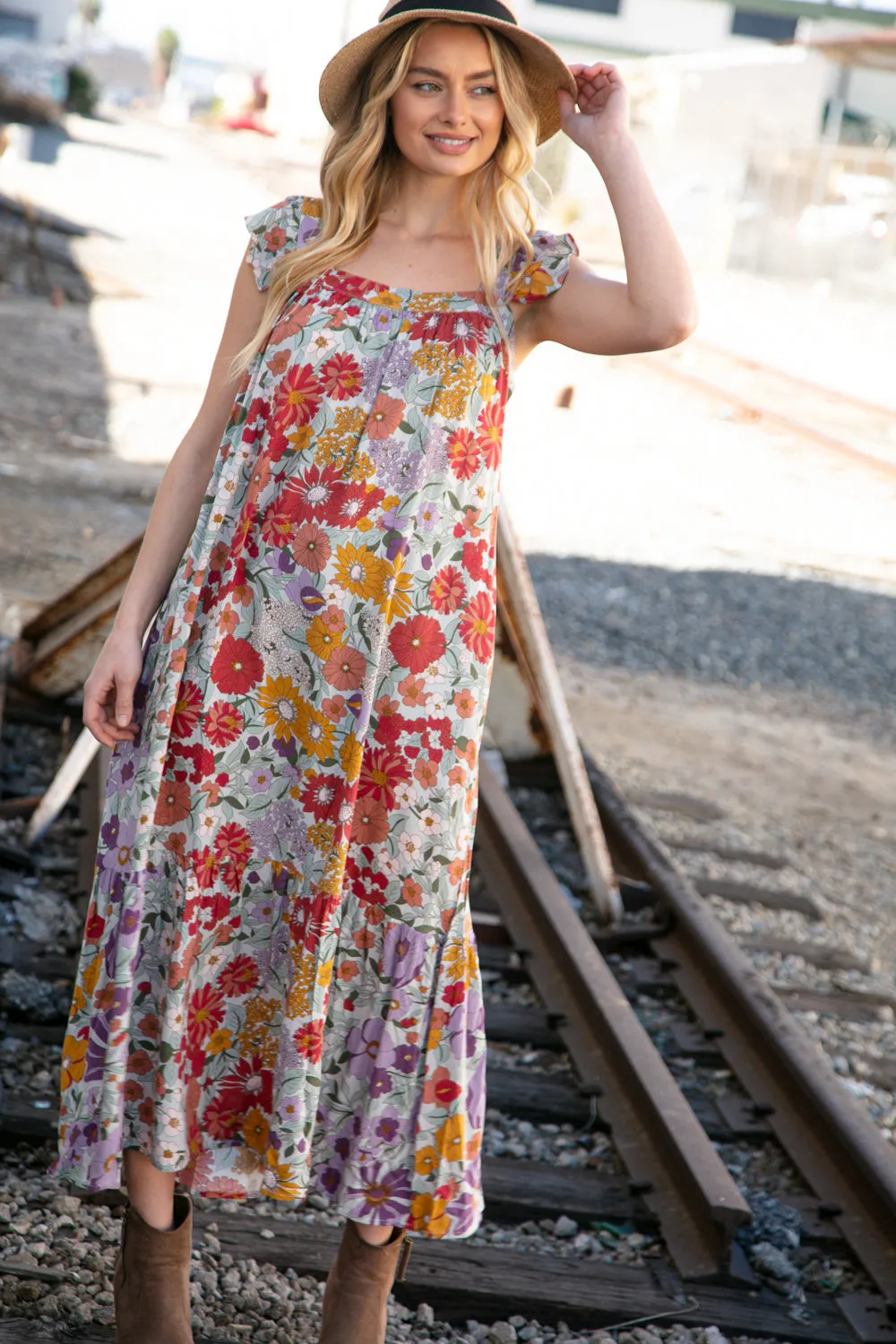 Floral Print Ruffle Cap Sleeve Square Neck Maxi Dress