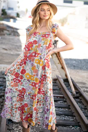 Floral Print Ruffle Cap Sleeve Square Neck Maxi Dress