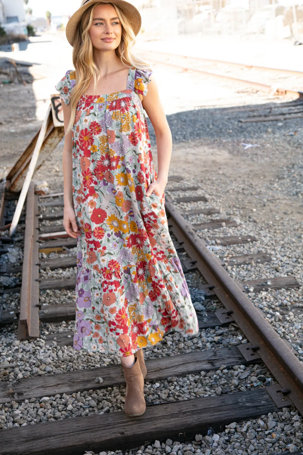 Floral Print Ruffle Cap Sleeve Square Neck Maxi Dress