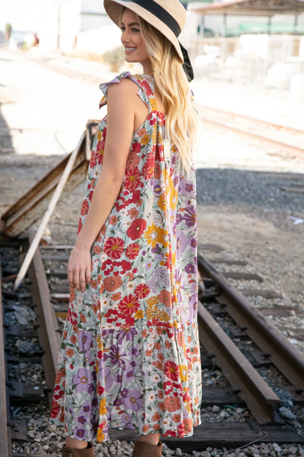 Floral Print Ruffle Cap Sleeve Square Neck Maxi Dress