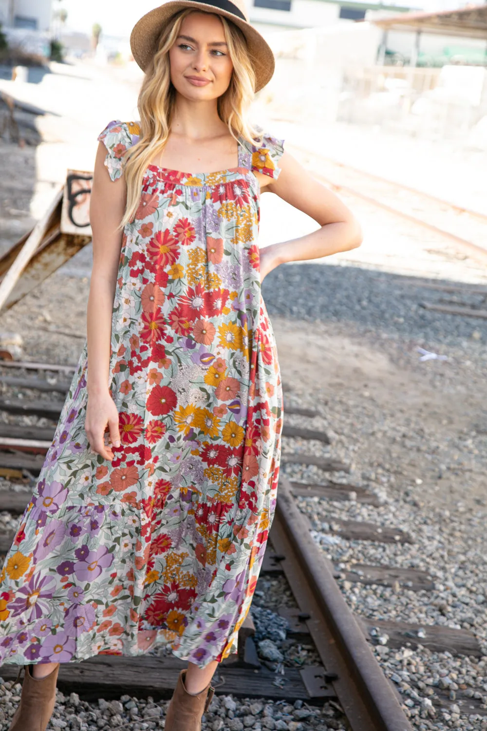 Floral Print Ruffle Cap Sleeve Square Neck Maxi Dress