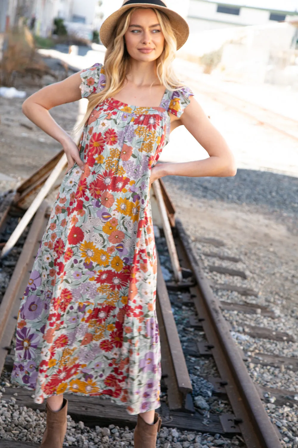 Floral Print Ruffle Cap Sleeve Square Neck Maxi Dress