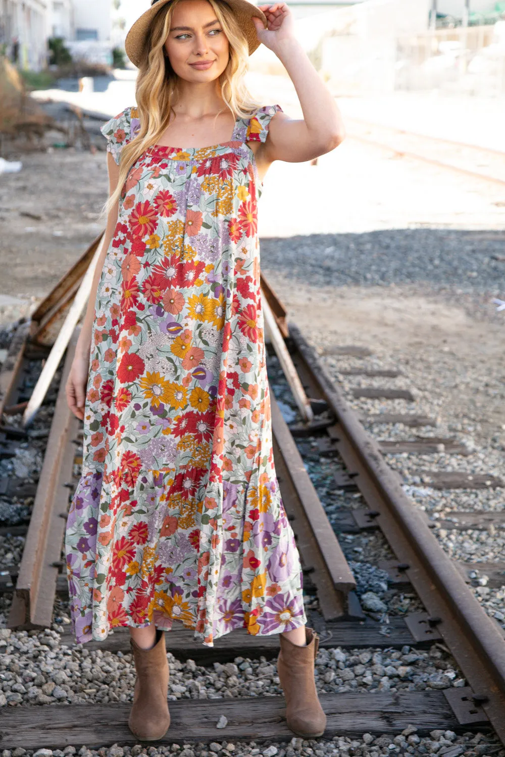 Floral Print Ruffle Cap Sleeve Square Neck Maxi Dress