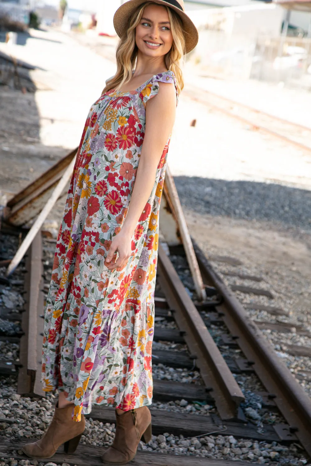 Floral Print Ruffle Cap Sleeve Square Neck Maxi Dress