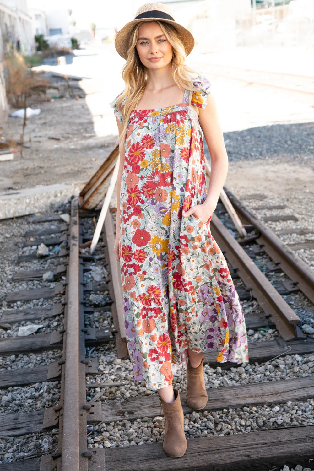 Floral Print Ruffle Cap Sleeve Square Neck Maxi Dress