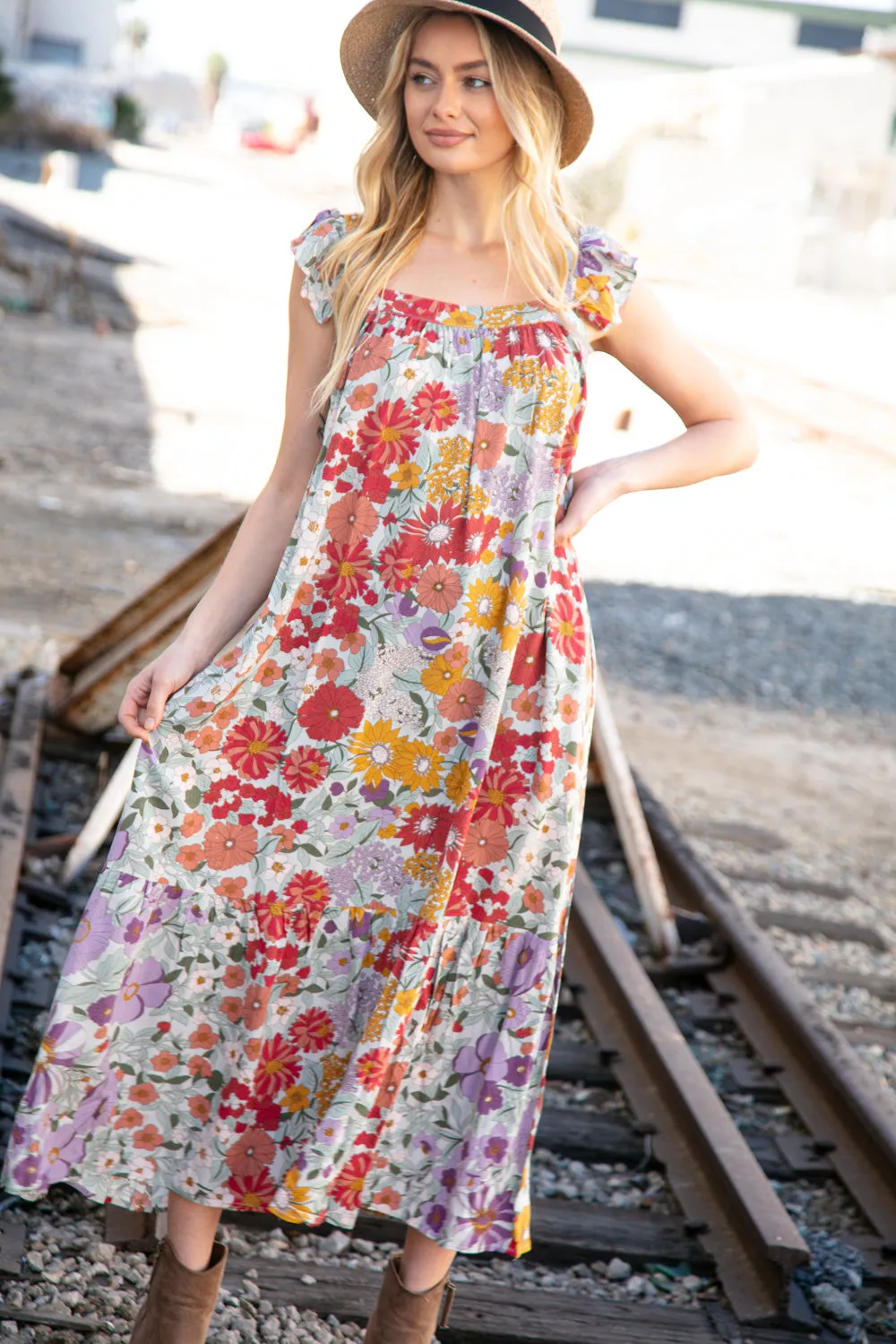 Floral Print Ruffle Cap Sleeve Square Neck Maxi Dress