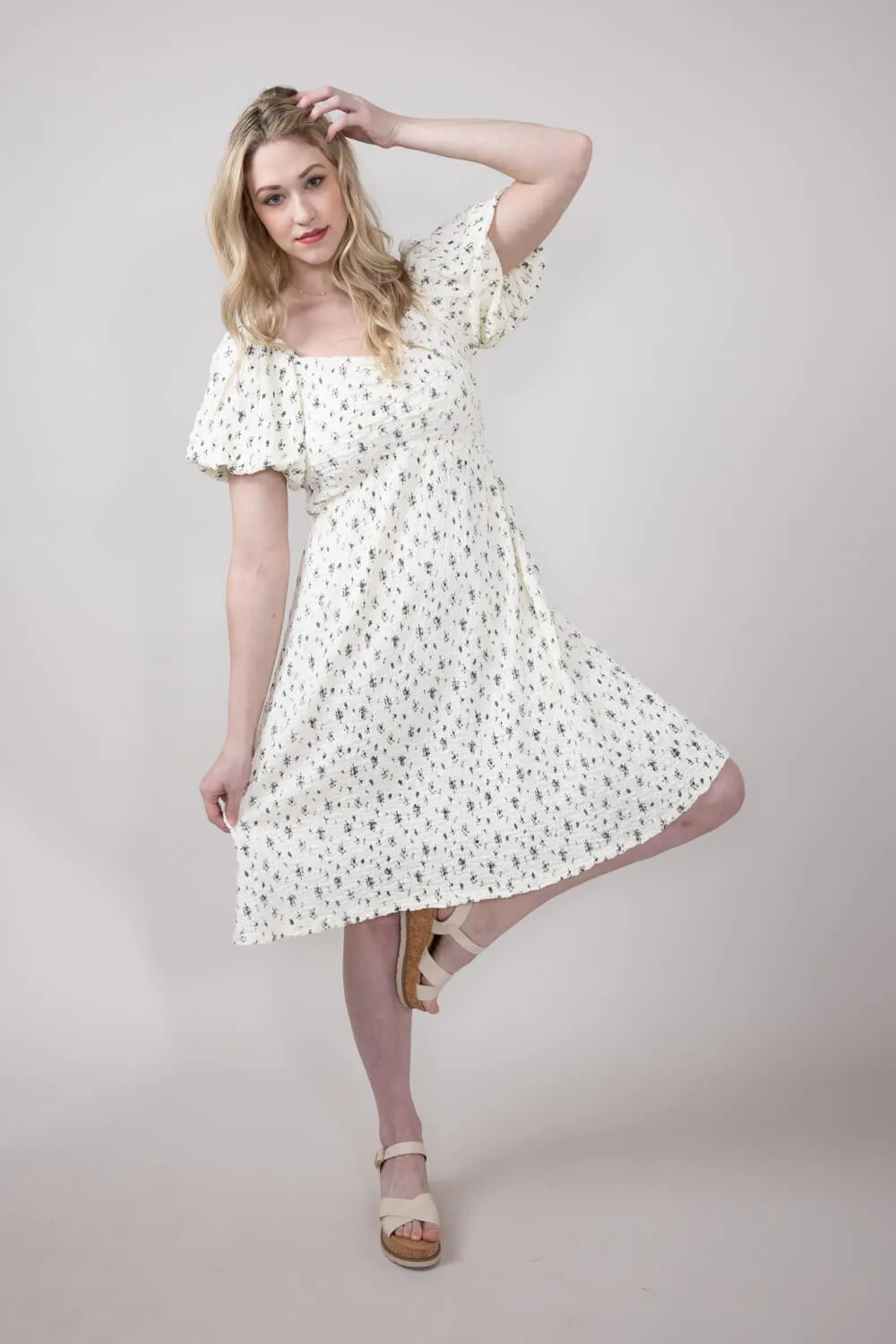 Floral Sweetheart Puff Sleeve Dress for Women in Ivory | ID47882-IRYBLU