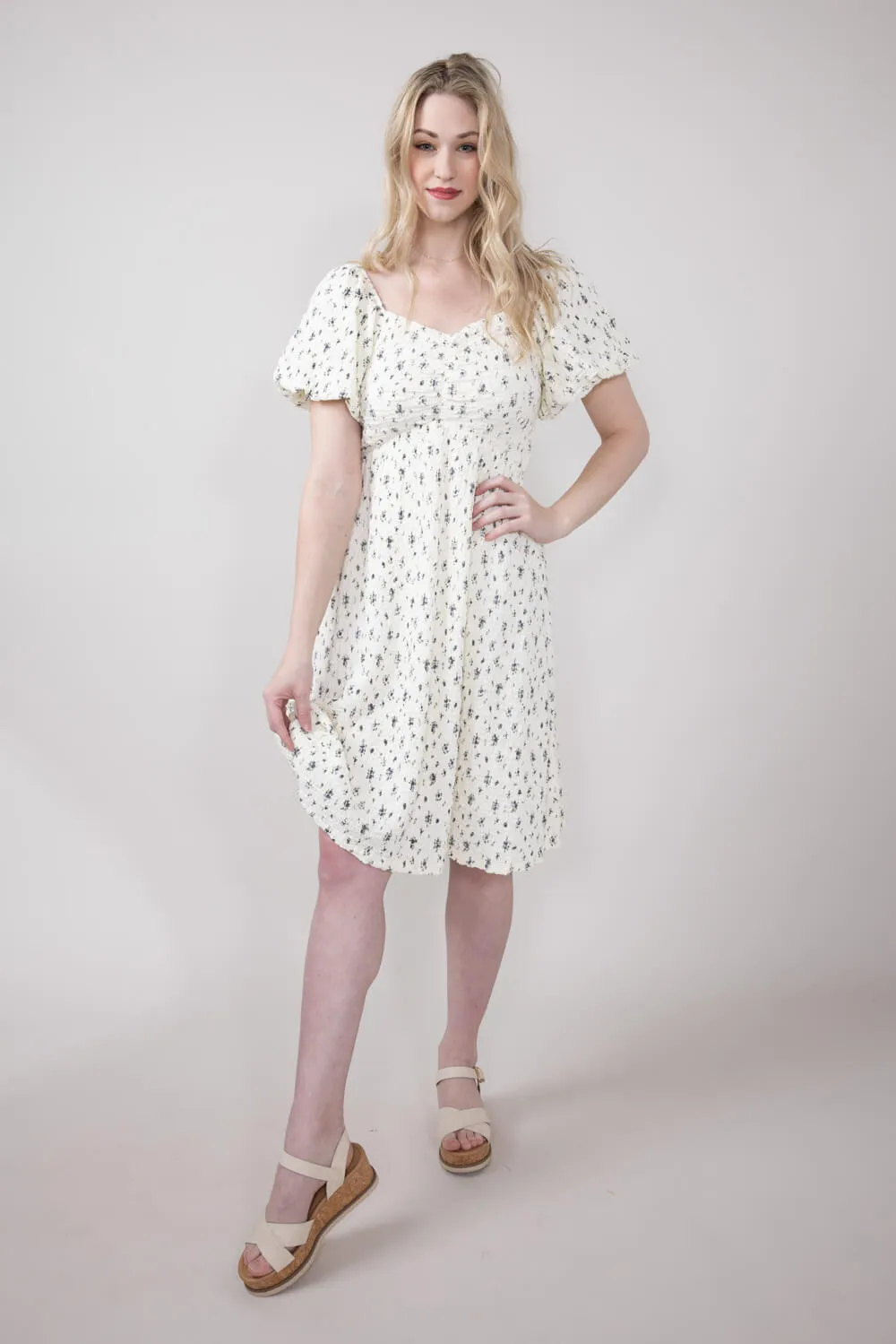 Floral Sweetheart Puff Sleeve Dress for Women in Ivory | ID47882-IRYBLU