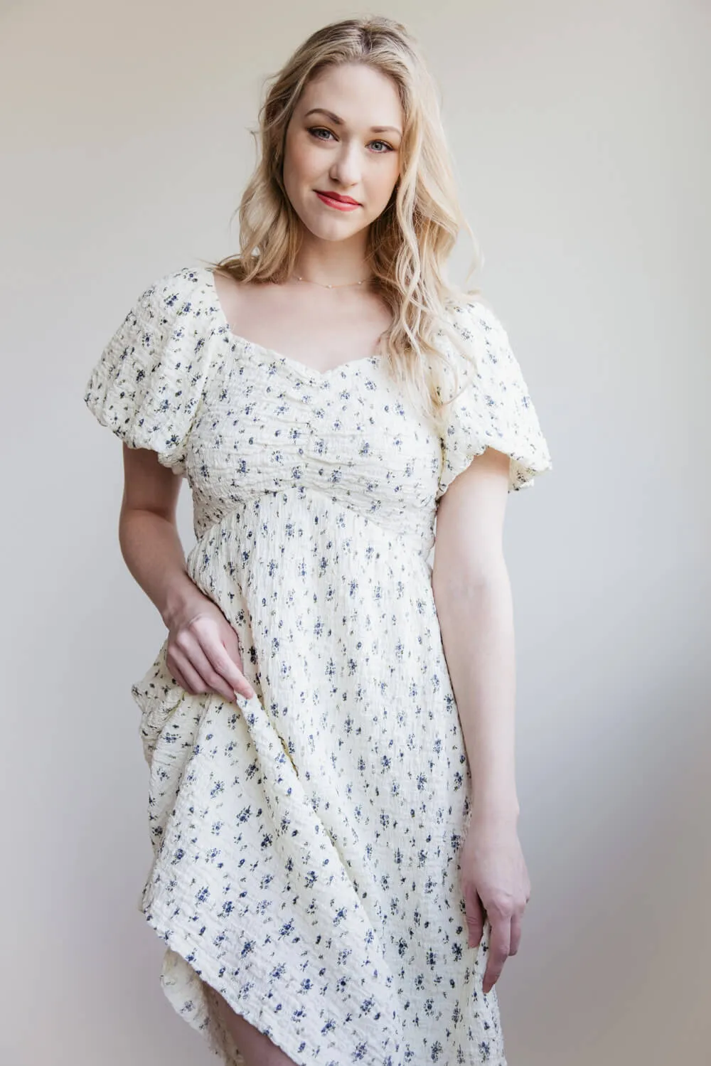 Floral Sweetheart Puff Sleeve Dress for Women in Ivory | ID47882-IRYBLU