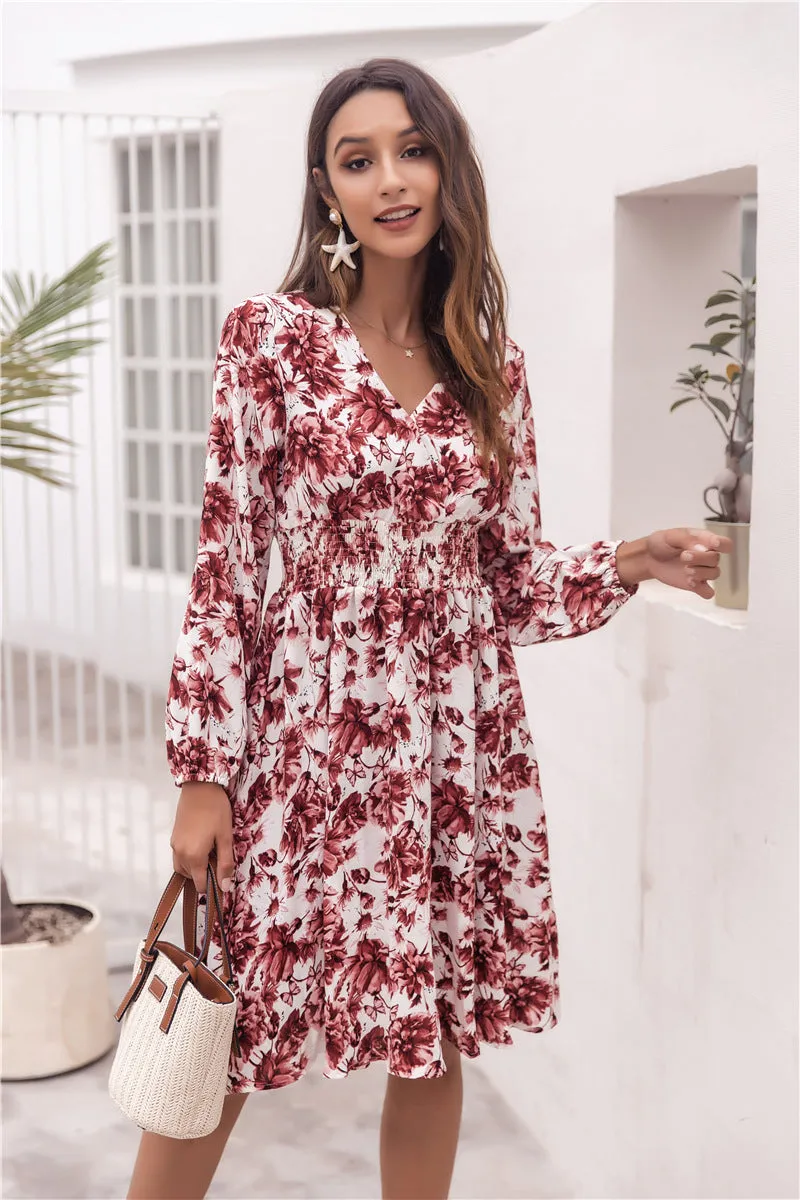 Floral V-neck Bubble Elastic Waist Long Sleeves Mini Midi Dresses