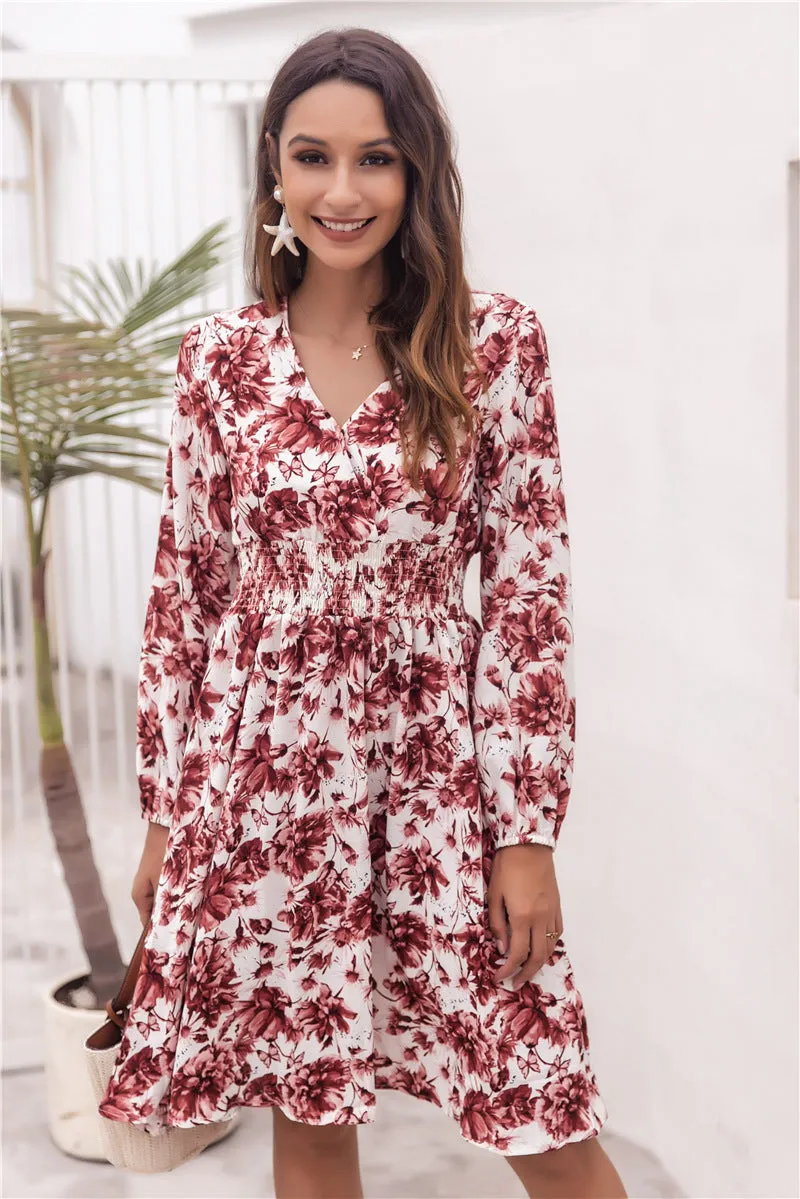 Floral V-neck Bubble Elastic Waist Long Sleeves Mini Midi Dresses