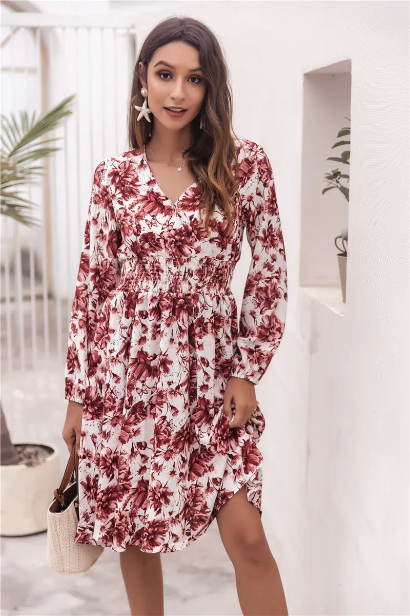 Floral V-neck Bubble Elastic Waist Long Sleeves Mini Midi Dresses