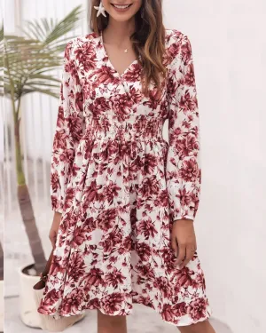 Floral V-neck Bubble Elastic Waist Long Sleeves Mini Midi Dresses