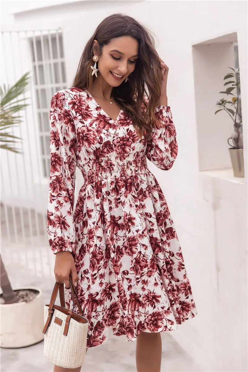 Floral V-neck Bubble Elastic Waist Long Sleeves Mini Midi Dresses