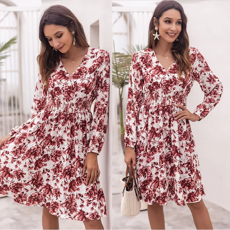 Floral V-neck Bubble Elastic Waist Long Sleeves Mini Midi Dresses