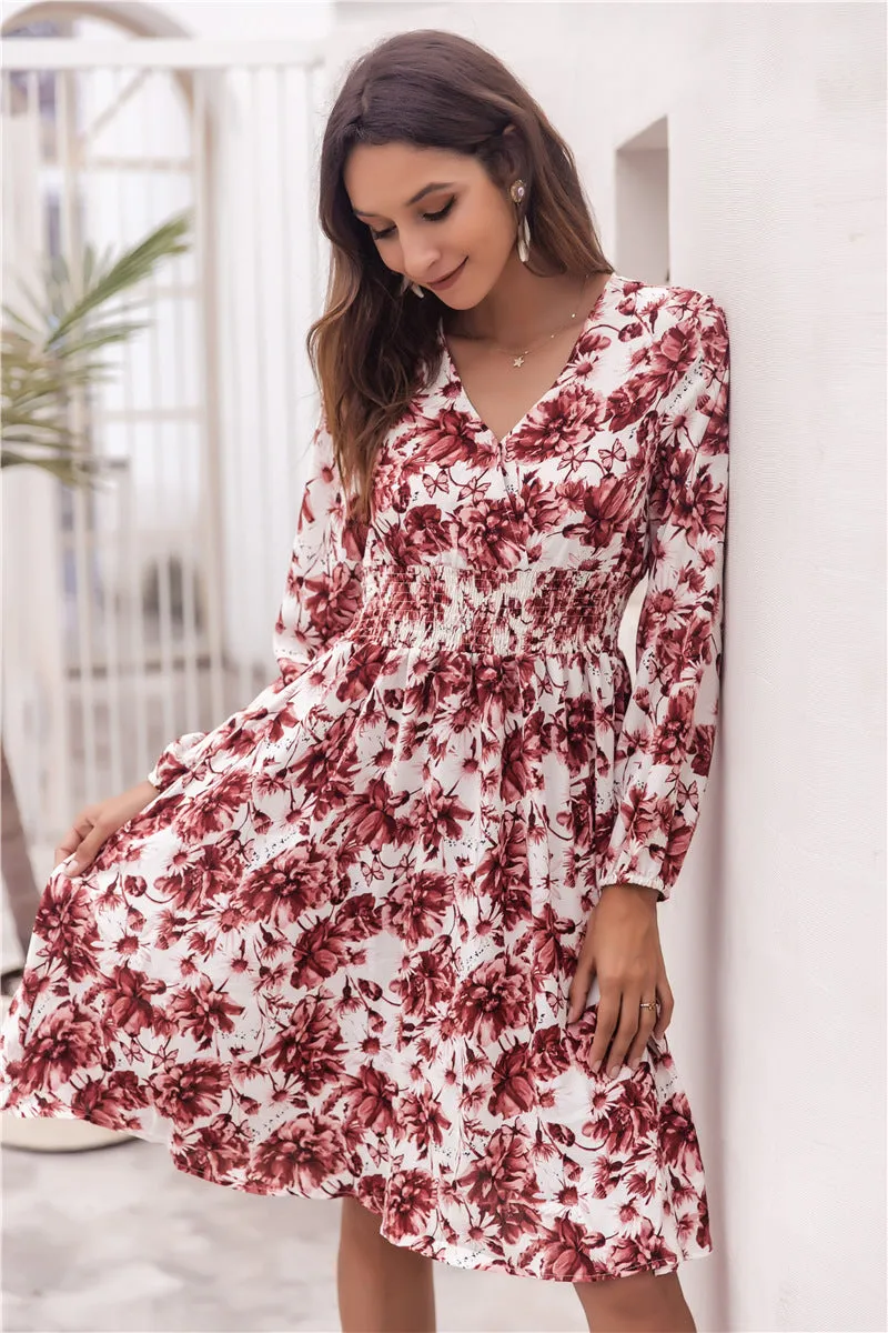 Floral V-neck Bubble Elastic Waist Long Sleeves Mini Midi Dresses