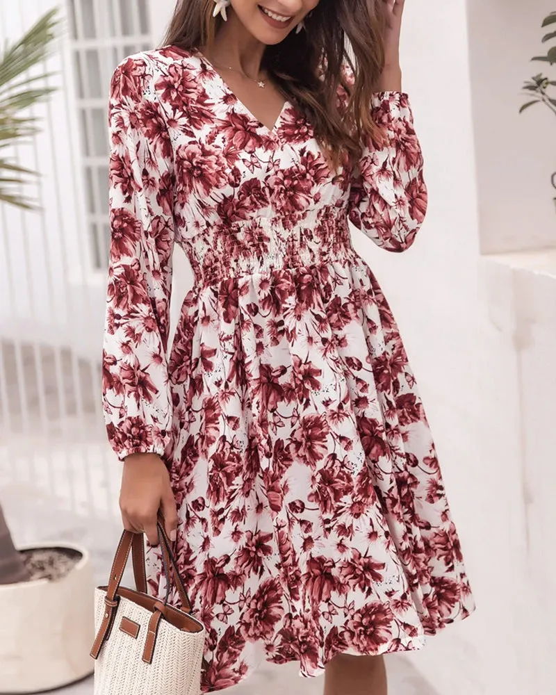 Floral V-neck Bubble Elastic Waist Long Sleeves Mini Midi Dresses
