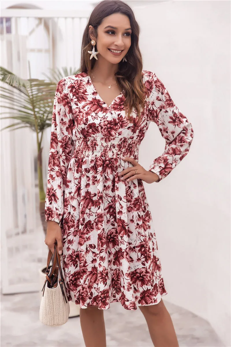 Floral V-neck Bubble Elastic Waist Long Sleeves Mini Midi Dresses