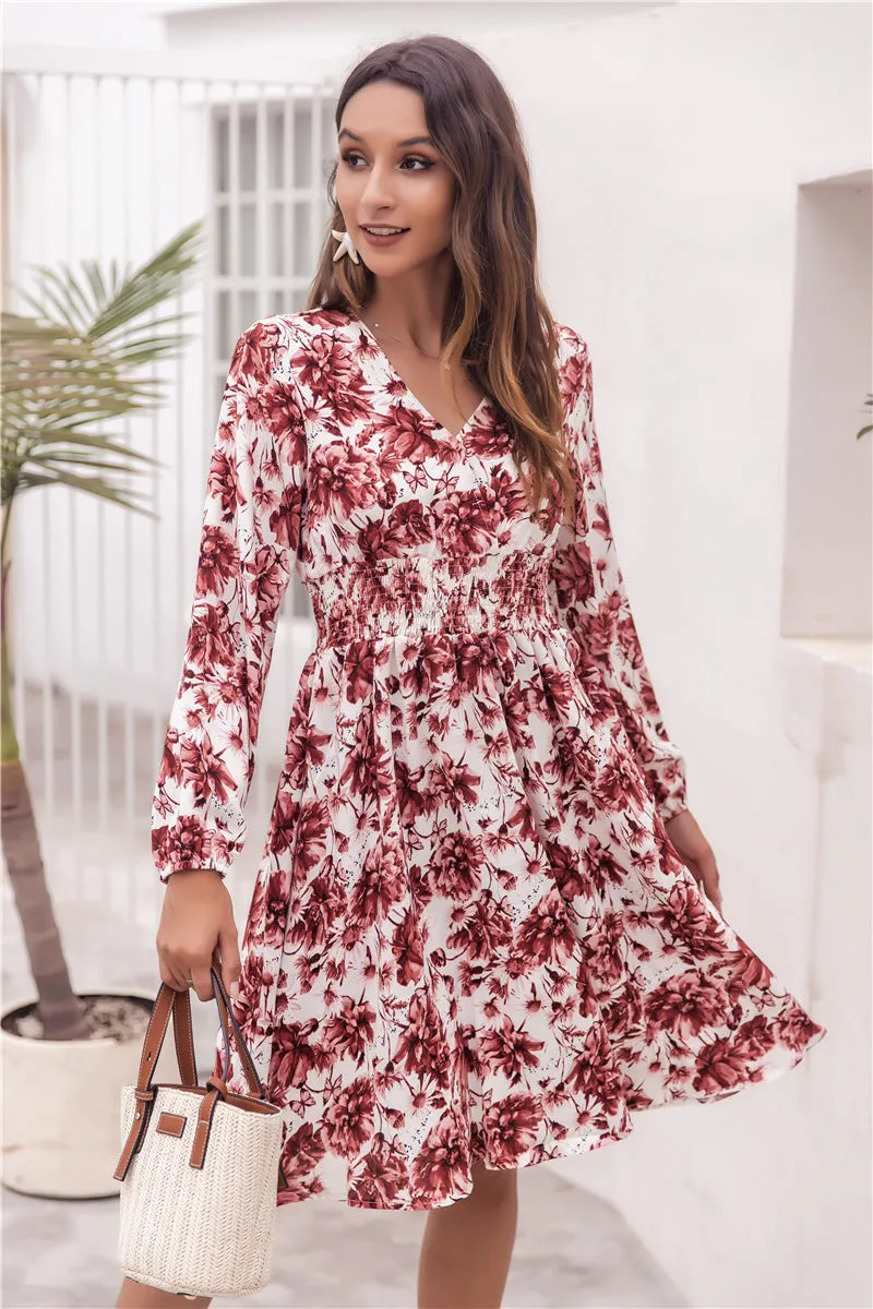 Floral V-neck Bubble Elastic Waist Long Sleeves Mini Midi Dresses