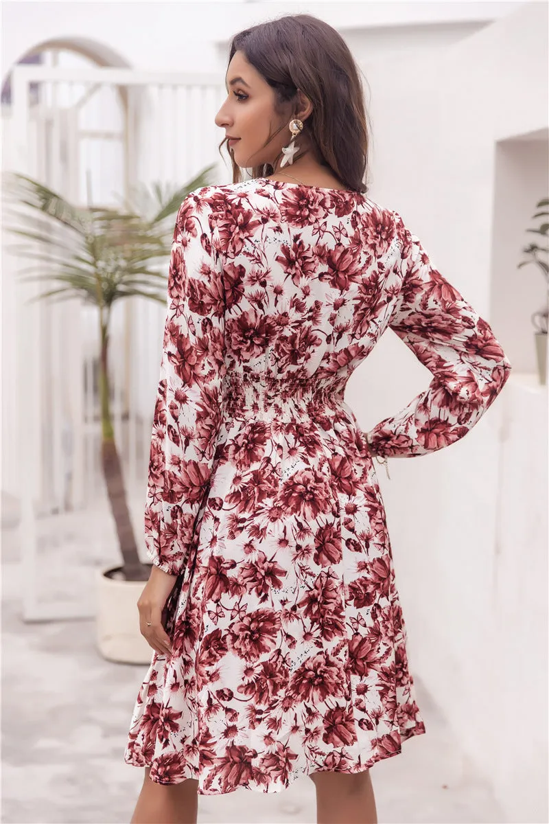 Floral V-neck Bubble Elastic Waist Long Sleeves Mini Midi Dresses