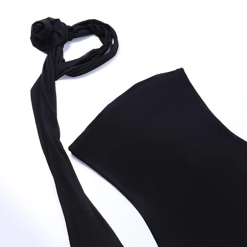 Flower applique solid lace up ribbon tube midi dress