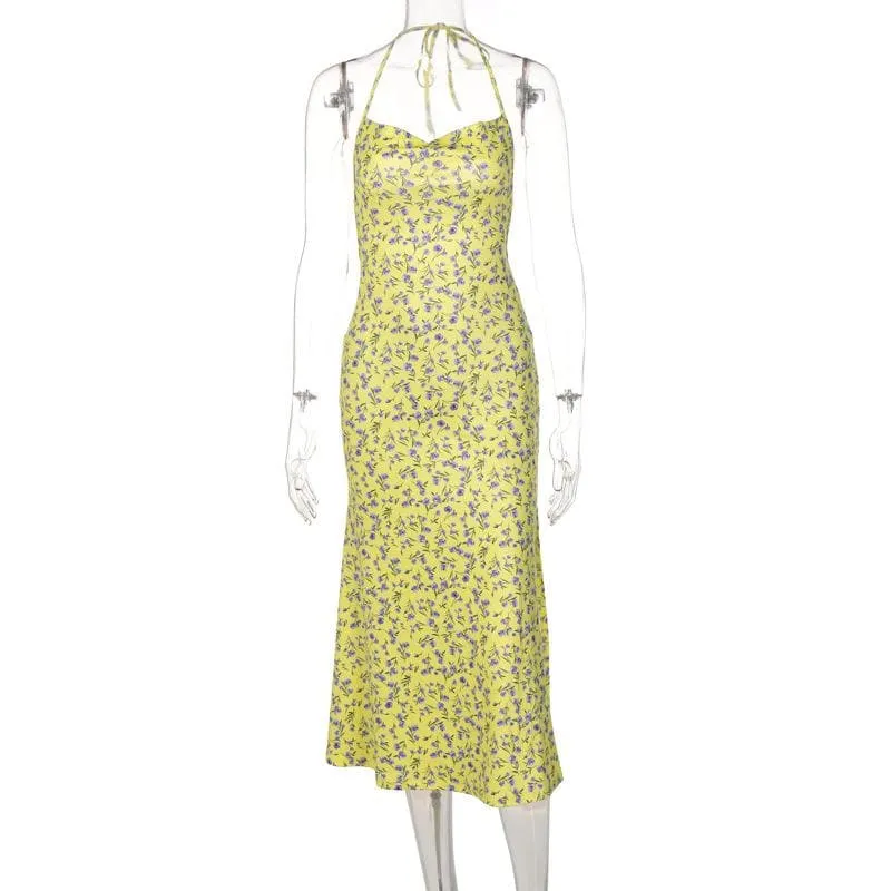 Flower pattern halter cowl neck slit self tie backless midi dress