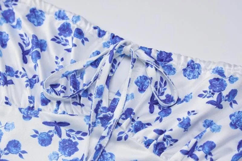Flower print self tie backless mermaid hem maxi dress