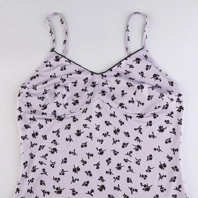 Flowers print low cut ruffle backless cami dress - Final Sale