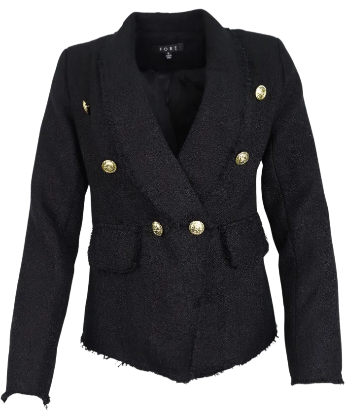 Frayed Hem Tweed Gold Button Blazer - Black