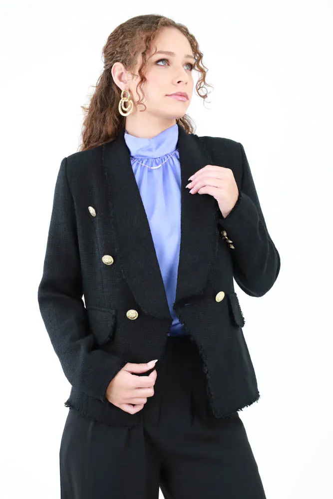 Frayed Hem Tweed Gold Button Blazer - Black